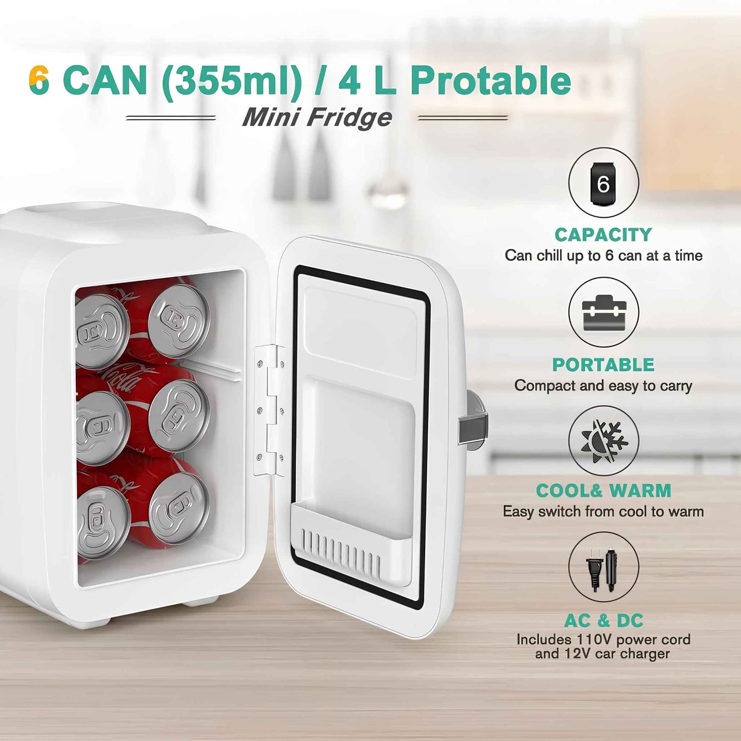 4L Mini Fridge Portable Cooler & Warmer – 6 Can Personal Refrigerator for Skincare, Cosmetics, Drinks, Food | Bedroom, Office, Car & Dorm Use (White)