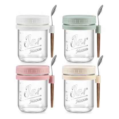 Overnight Oats Containers 4 Pack – 16oz Glass Mason Jars with Airtight Lids & Spoons
