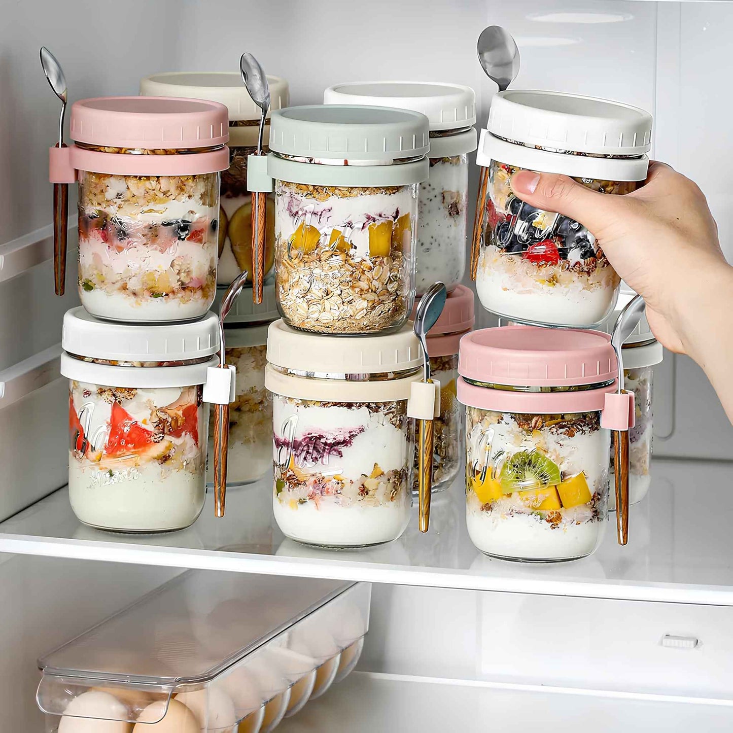 Overnight Oats Containers 4 Pack – 16oz Glass Mason Jars with Airtight Lids & Spoons