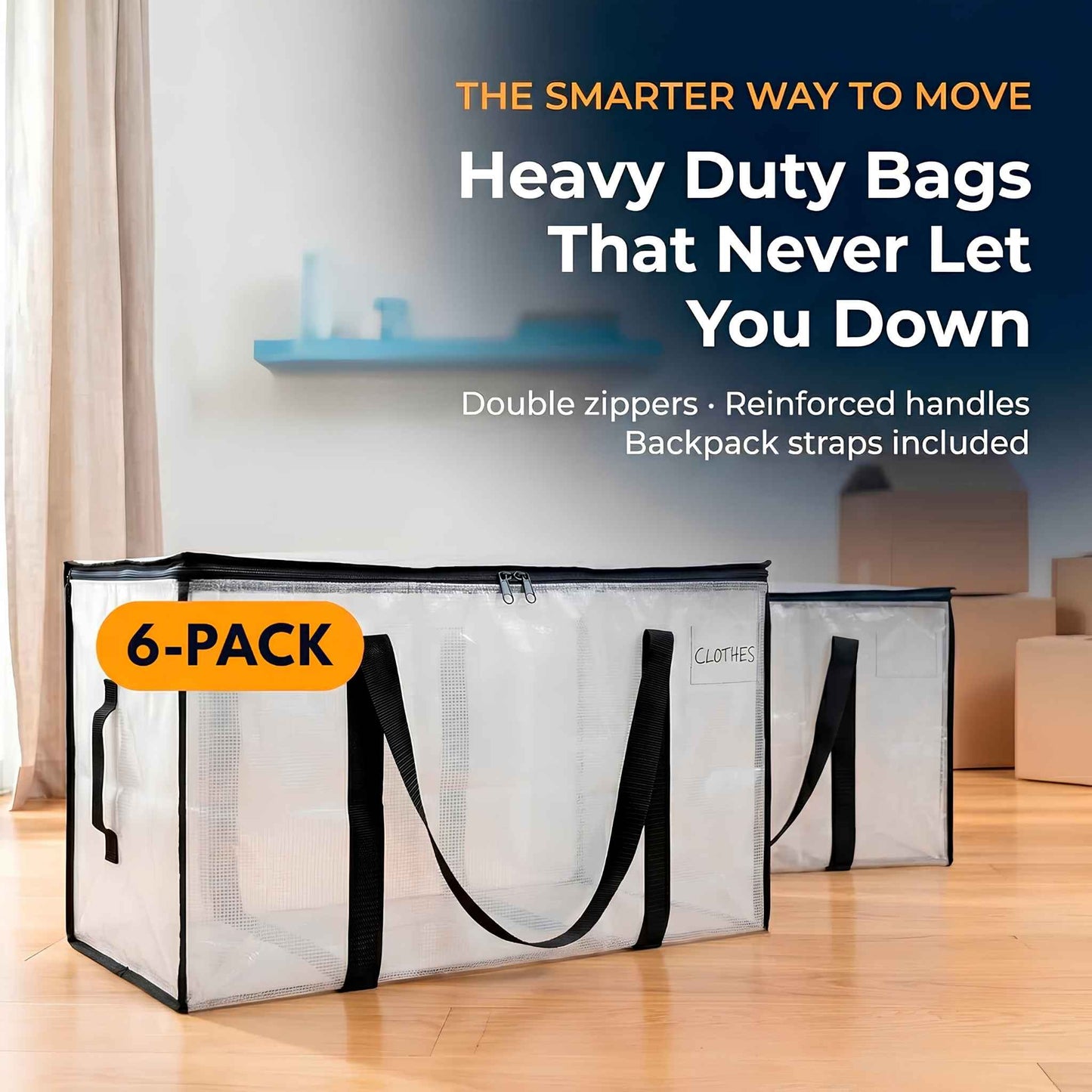 Oversized Moving Bags 6 Pack – Heavy Duty Storage Bags with Backpack Straps for Moving, Storage & Dorms