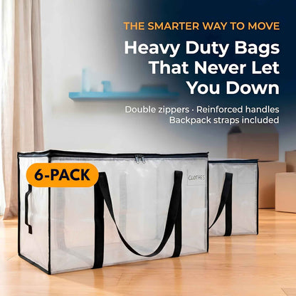 Oversized Moving Bags 6 Pack – Heavy Duty Storage Bags with Backpack Straps for Moving, Storage & Dorms