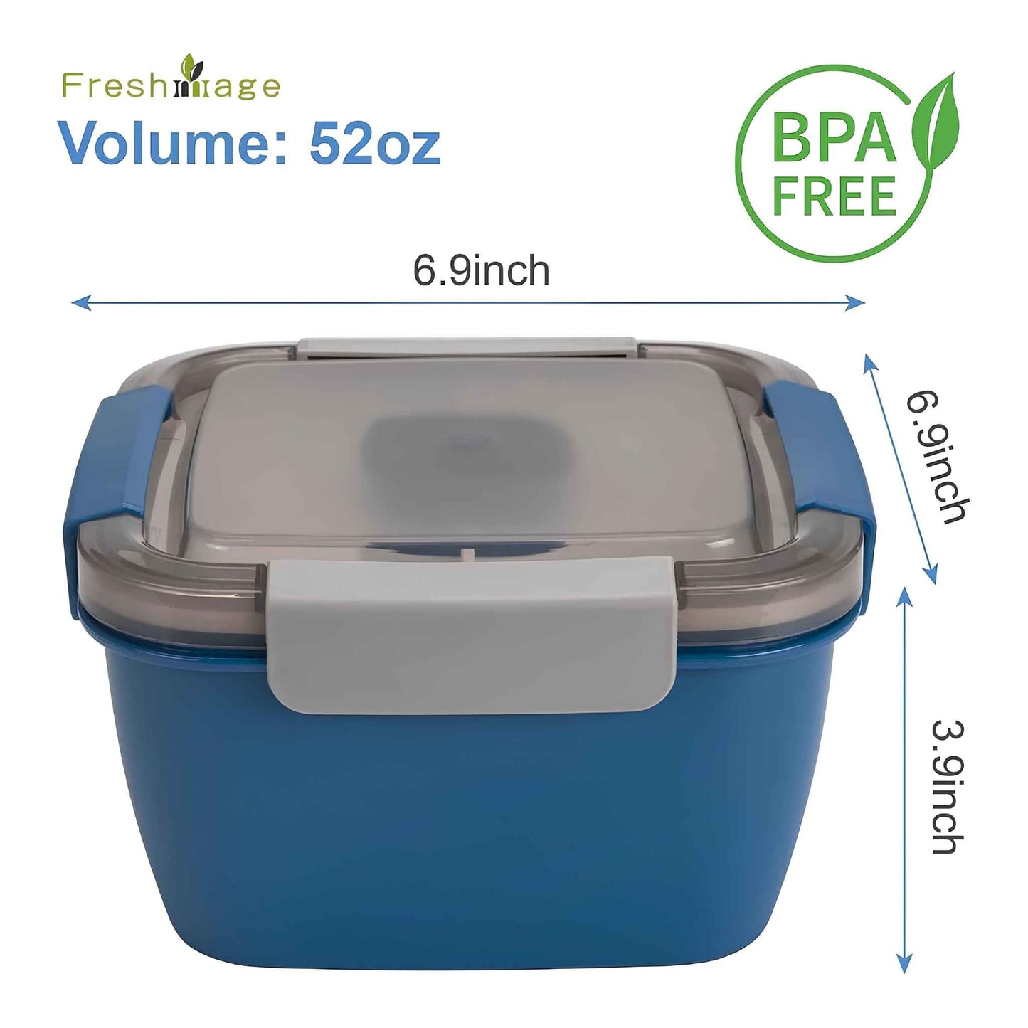 52 oz Salad Lunch Container with Compartments & Dressing Cup – Leakproof Salad Bowl To Go, Blue