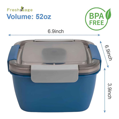 52 oz Salad Lunch Container with Compartments & Dressing Cup – Leakproof Salad Bowl To Go, Blue