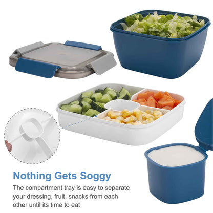 52 oz Salad Lunch Container with Compartments & Dressing Cup – Leakproof Salad Bowl To Go, Blue