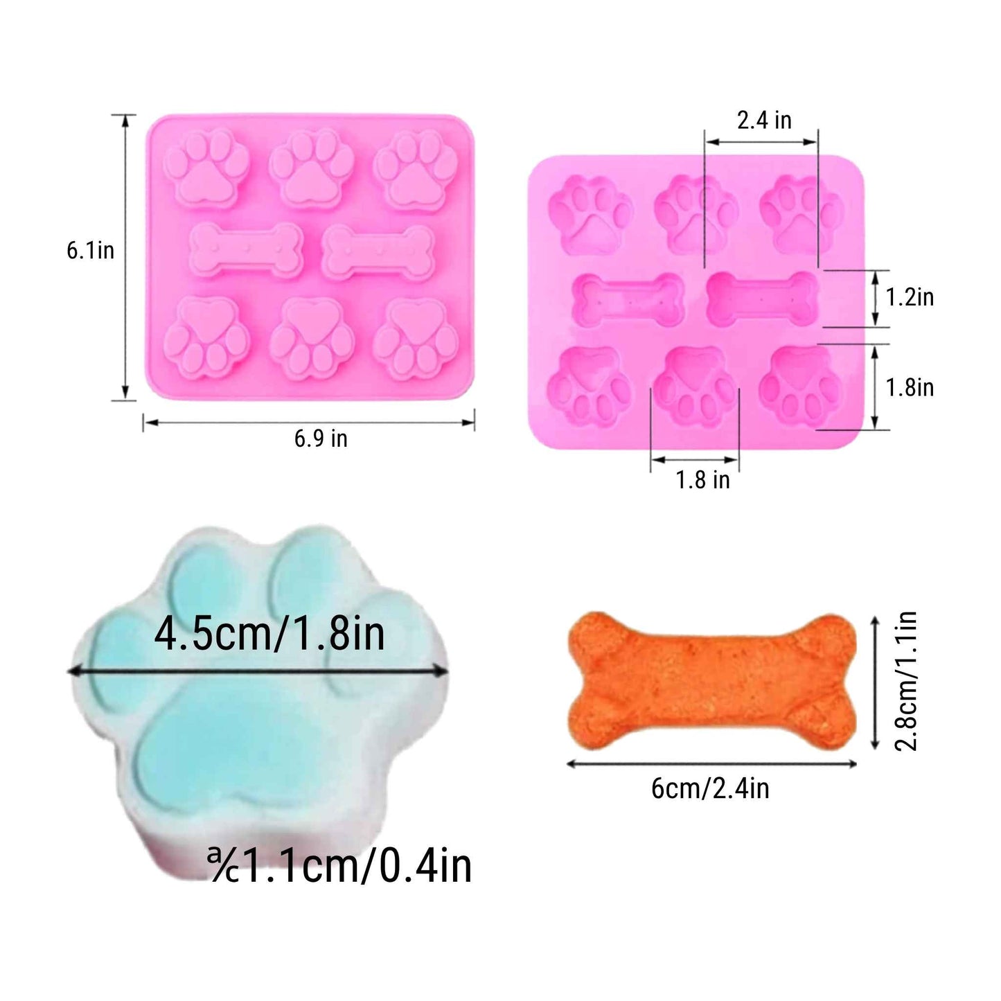 2-Pack Silicone Dog Treat Molds – Puppy Paw & Bone Baking Mold for Homemade Dog Treats, Chocolate, Jelly & Ice Cubes (Food Grade BPA-Free)
