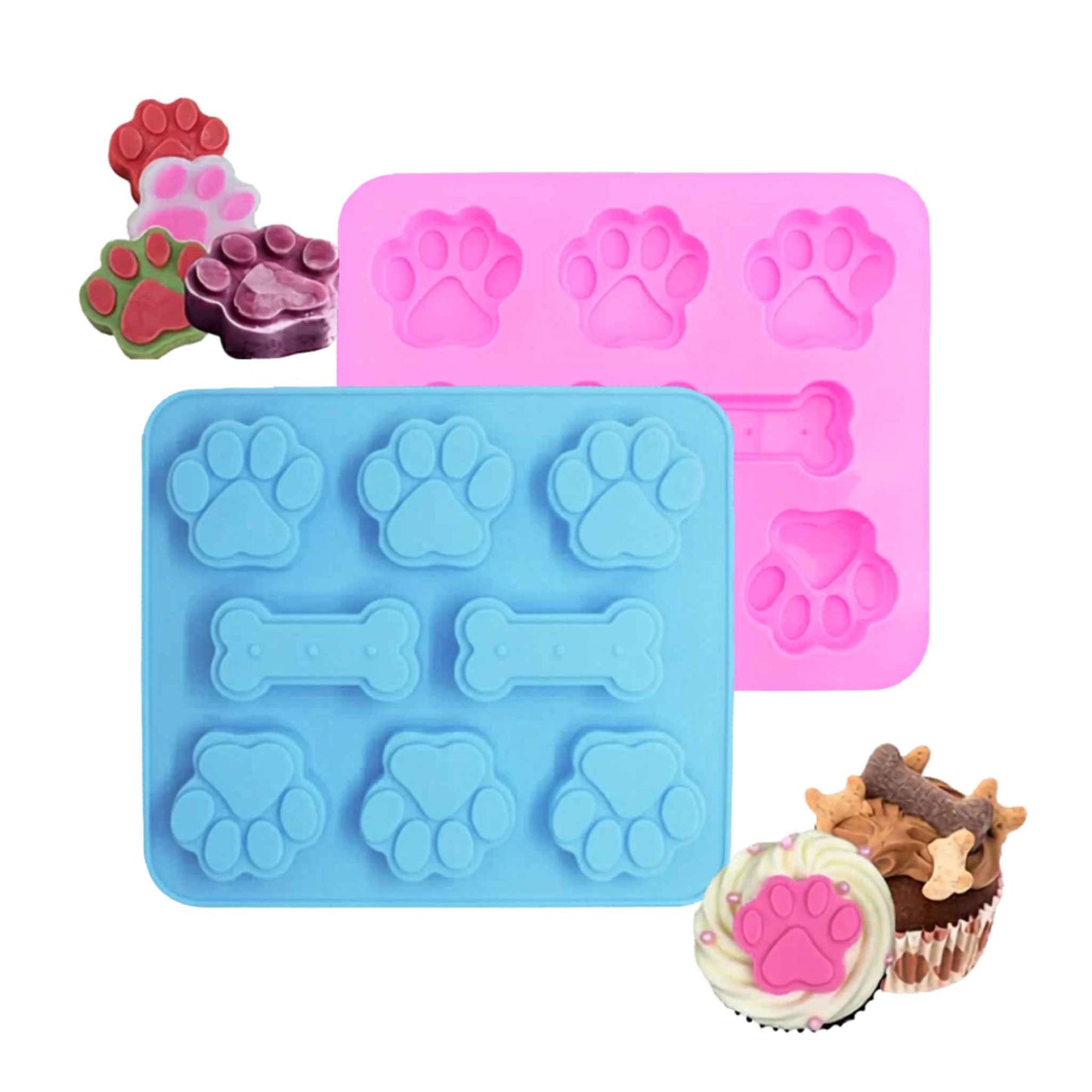 2-Pack Silicone Dog Treat Molds – Puppy Paw & Bone Baking Mold for Homemade Dog Treats, Chocolate, Jelly & Ice Cubes (Food Grade BPA-Free)