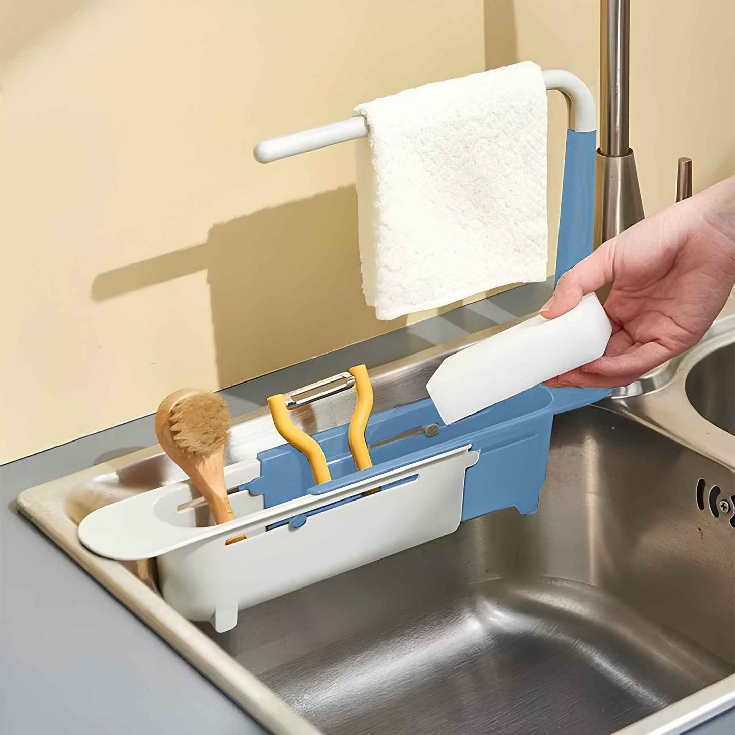 SinkSpace™ 2-in-1 Telescopic Sink Storage Rack – Adjustable Expandable Kitchen Sponge Holder & Sink Organizer