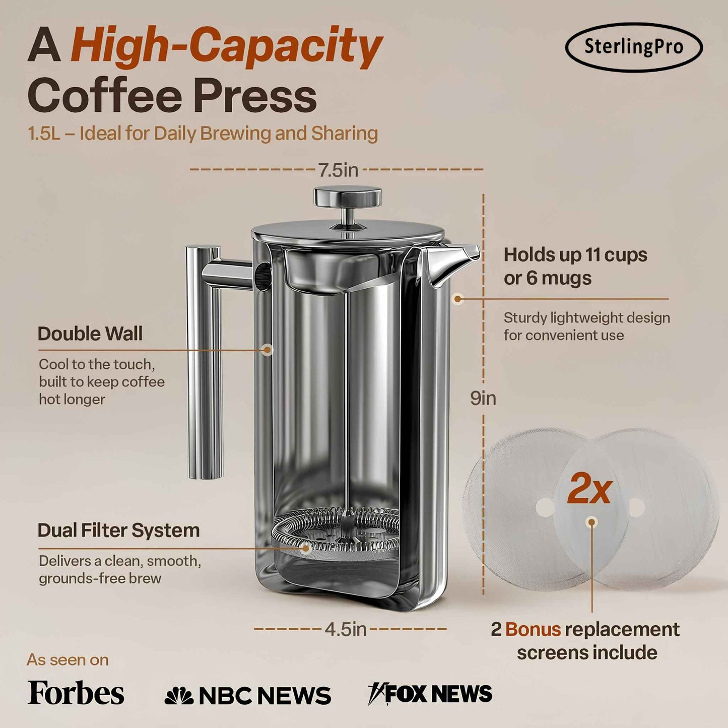 Stainless Steel French Press Coffee Maker | Double Wall Insulated (12oz–1.5L)