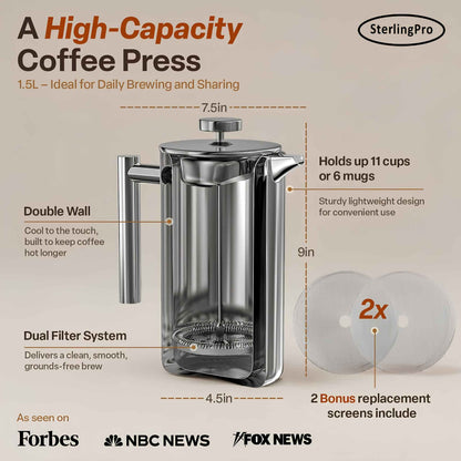 Stainless Steel French Press Coffee Maker | Double Wall Insulated (12oz–1.5L)