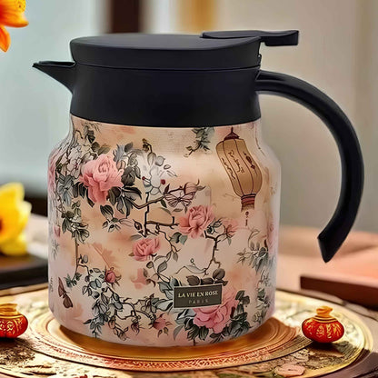 Vintage Thermal Insulated Tea & Coffee Pot – Vacuum Insulated Flask with Tea Filter – Keeps Drinks Hot for Hours – Floral Design Hot Water Thermos
