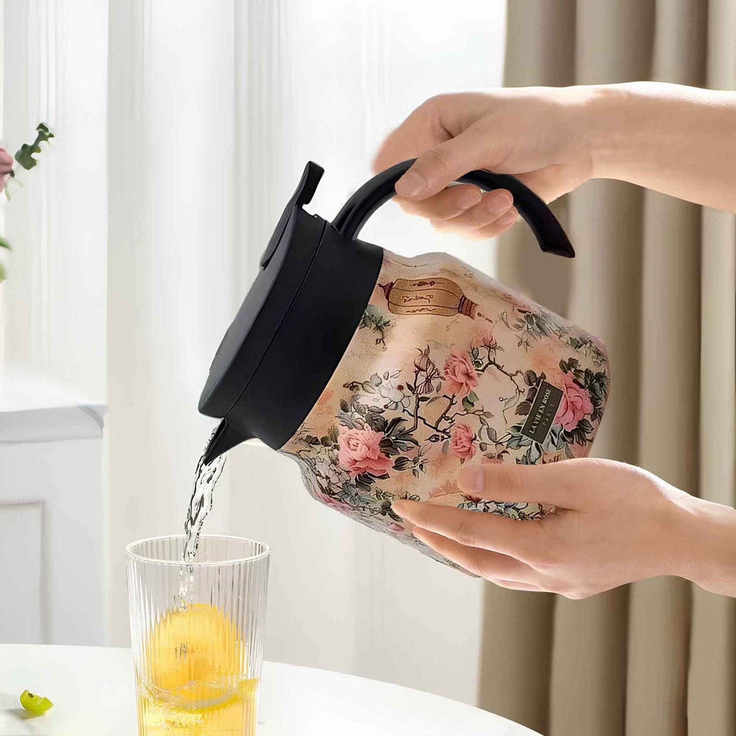 Vintage Thermal Insulated Tea & Coffee Pot – Vacuum Insulated Flask with Tea Filter – Keeps Drinks Hot for Hours – Floral Design Hot Water Thermos