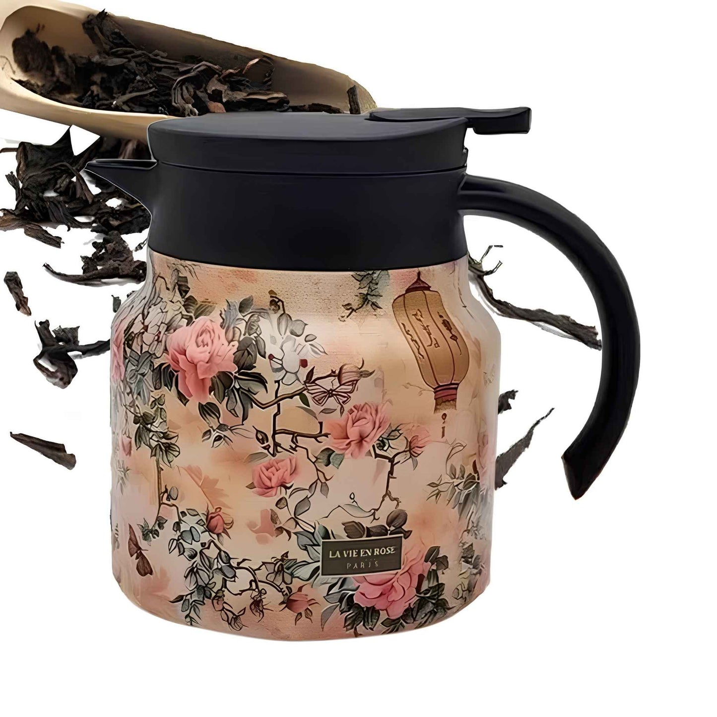 Vintage Thermal Insulated Tea & Coffee Pot – Vacuum Insulated Flask with Tea Filter – Keeps Drinks Hot for Hours – Floral Design Hot Water Thermos