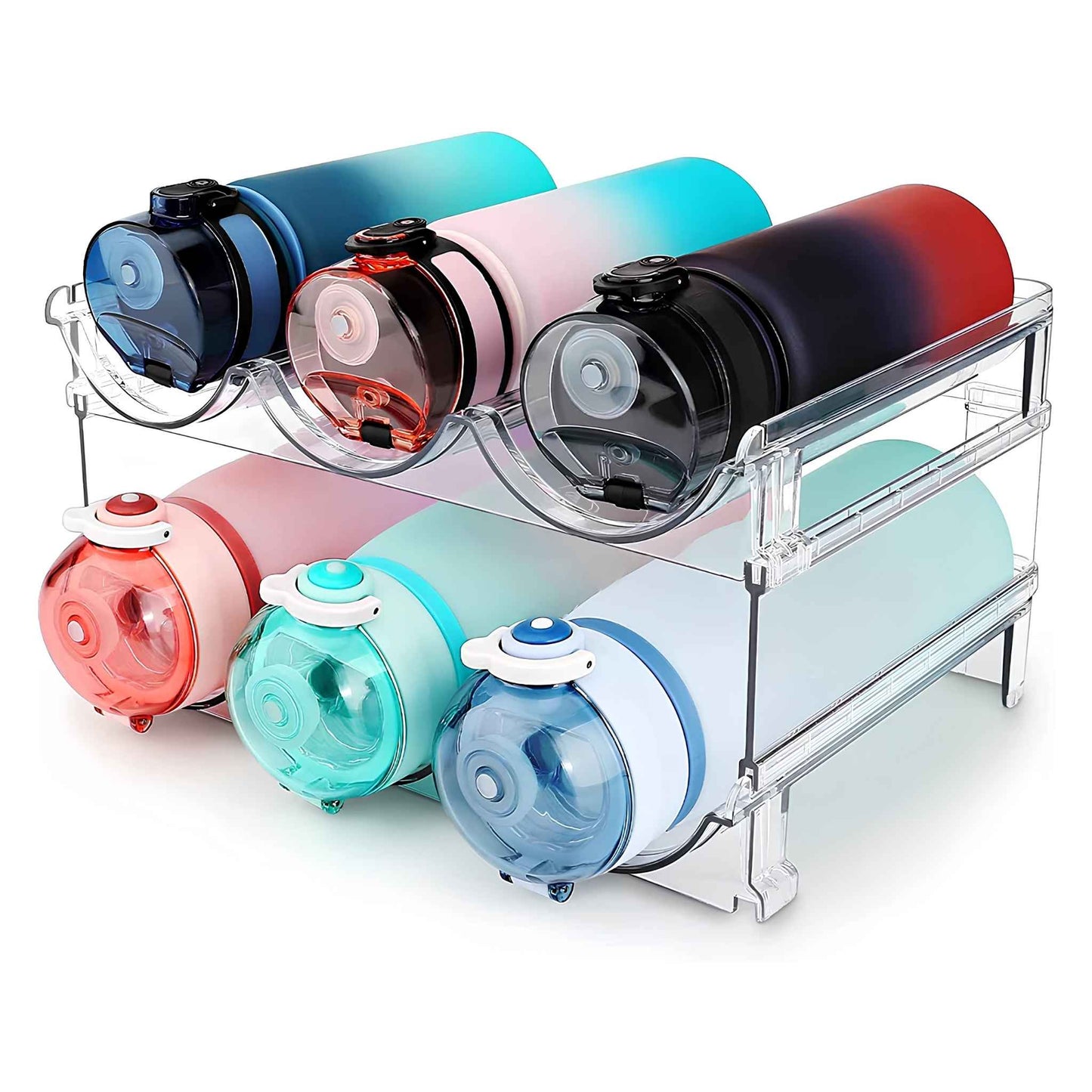 Stackable Water Bottle Organizer for Cabinet – 2 Pack BPA-Free Bottle Storage Rack for Pantry & Refrigerator – Space Saving Kitchen Storage Holder