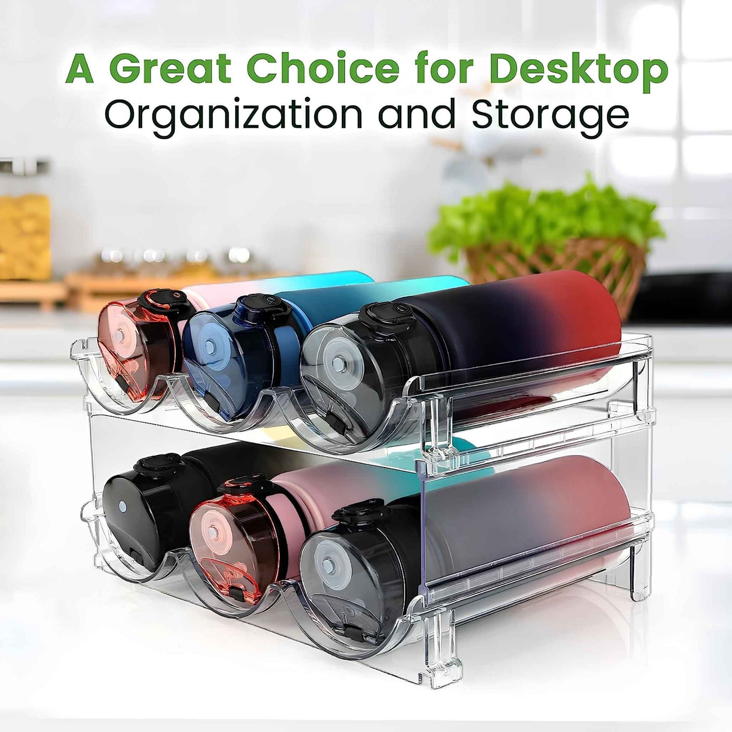 Stackable Water Bottle Organizer for Cabinet – 2 Pack BPA-Free Bottle Storage Rack for Pantry & Refrigerator – Space Saving Kitchen Storage Holder