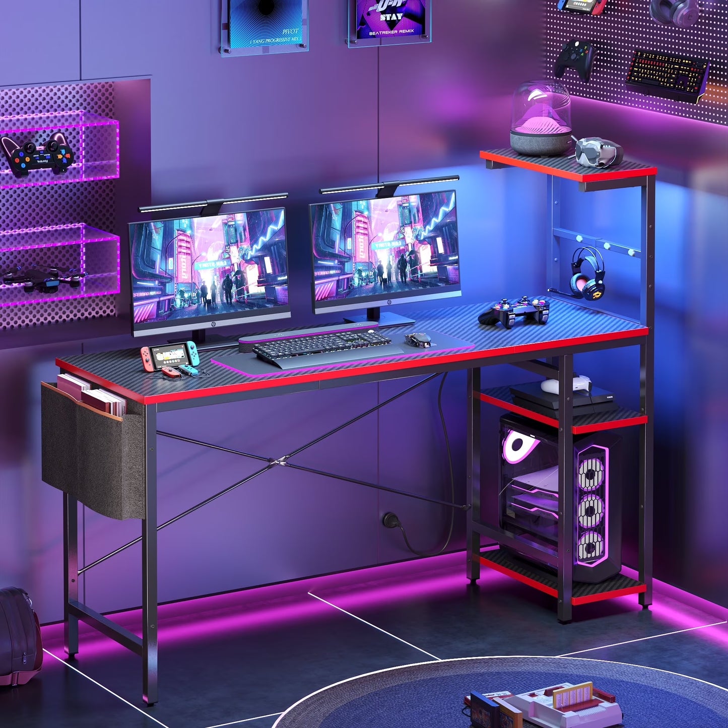 61" Reversible Gaming Desk Computer Desk with Power Outlet LED Desk with 4 Tier Shelves, Black Carbon Fiber