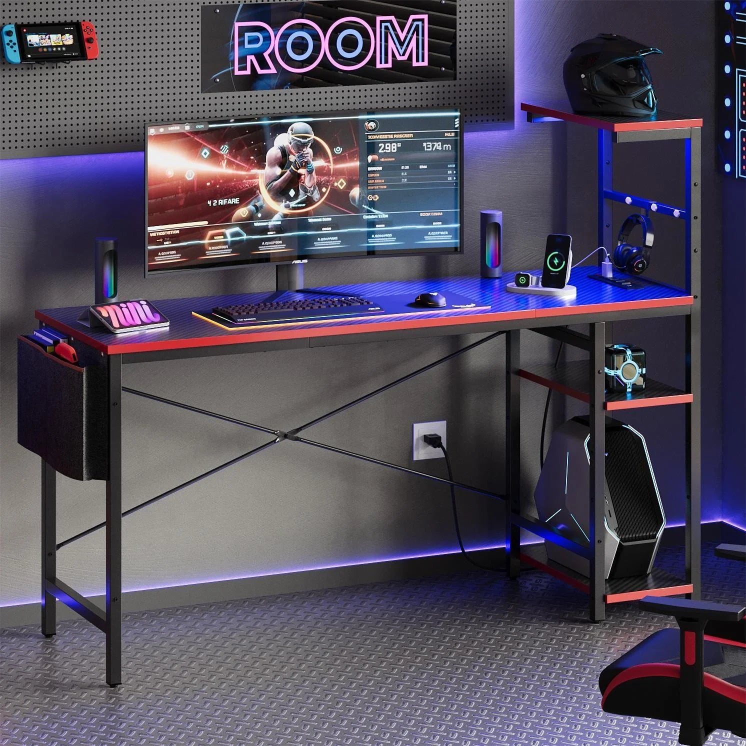 61" Reversible Gaming Desk Computer Desk with Power Outlet LED Desk with 4 Tier Shelves, Black Carbon Fiber