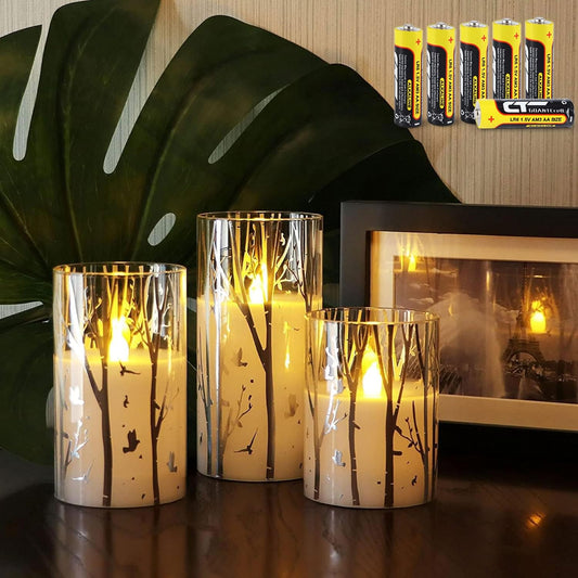 Birch Design Glass Battery Operated LED Candles with Timer, Flameless Pillar Candles Spring & Summer Decor, Batteries Included - Set of 3