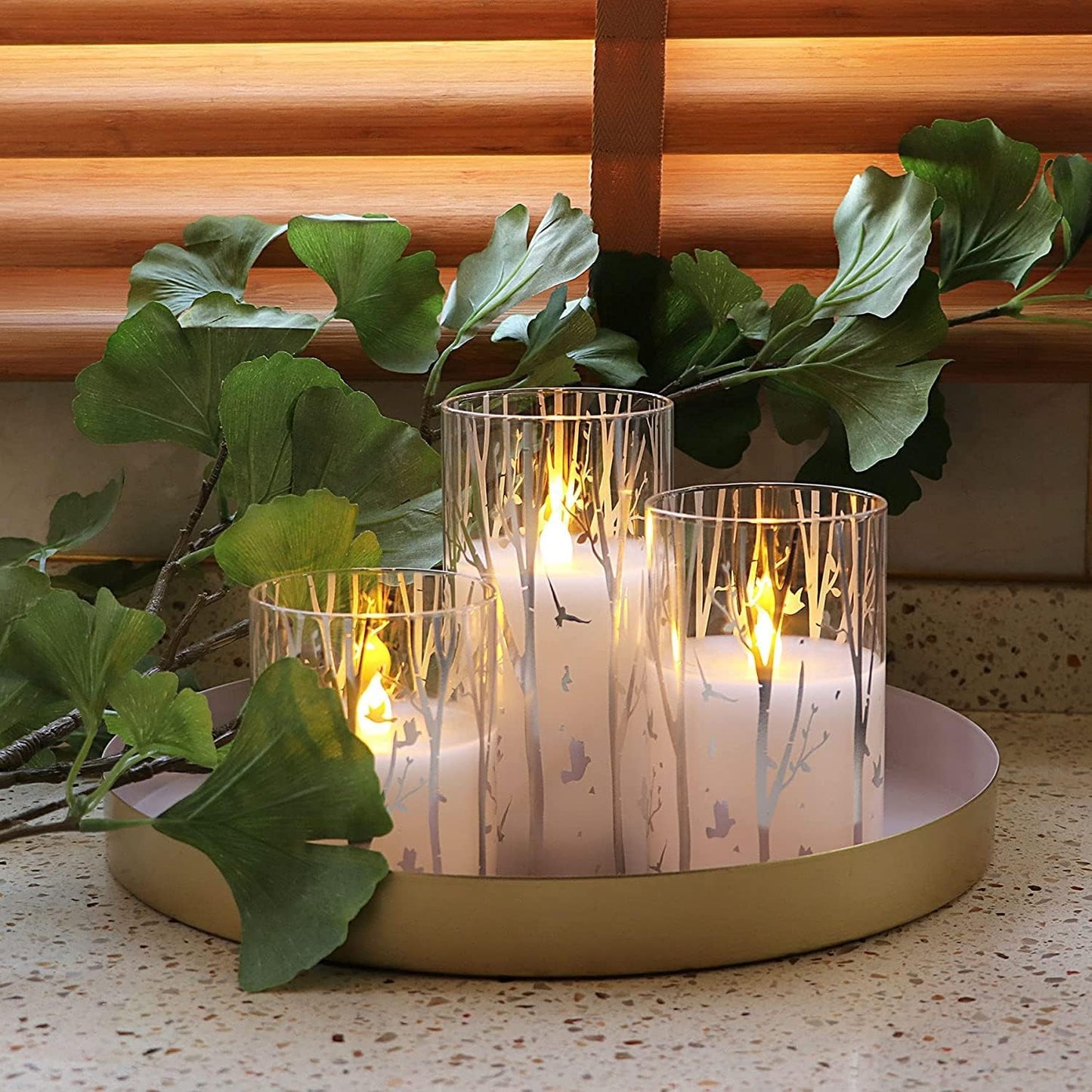 Birch Design Glass Battery Operated LED Candles with Timer, Flameless Pillar Candles Spring & Summer Decor, Batteries Included - Set of 3