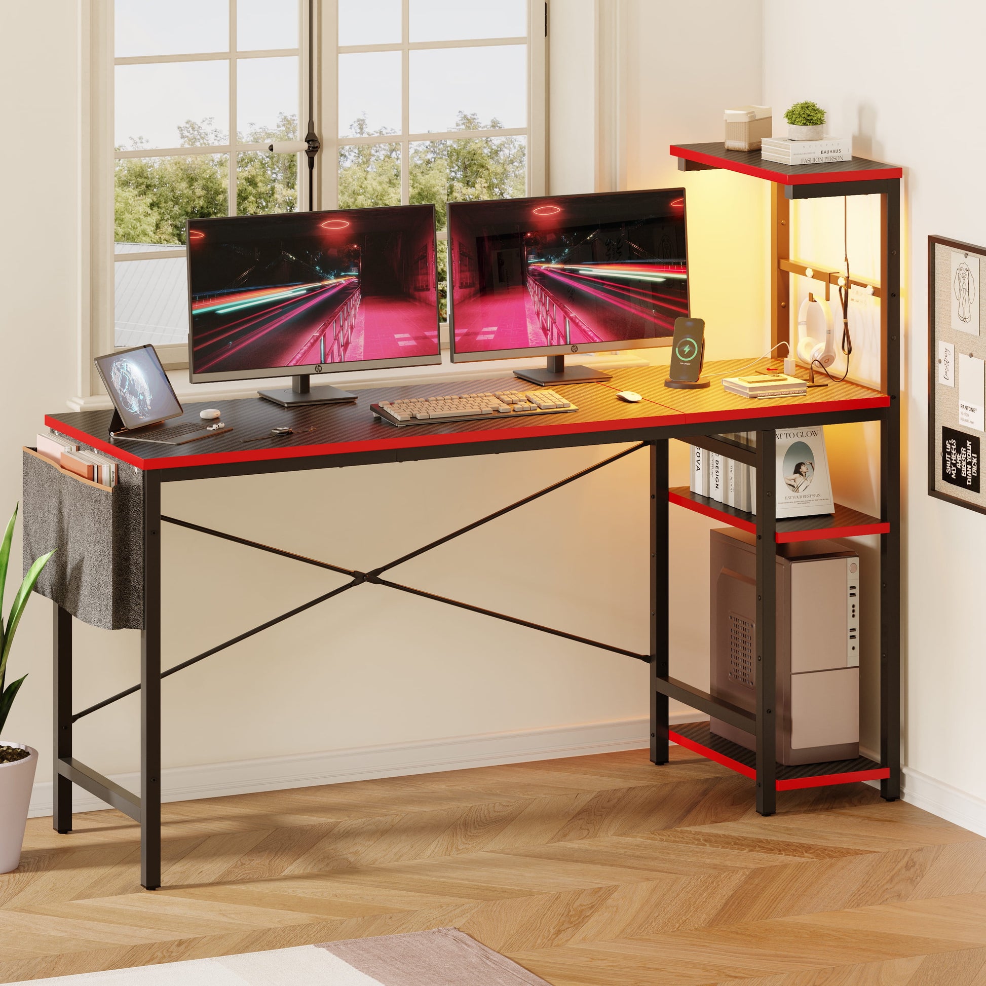 61" Reversible Gaming Desk Computer Desk with Power Outlet LED Desk with 4 Tier Shelves, Black Carbon Fiber