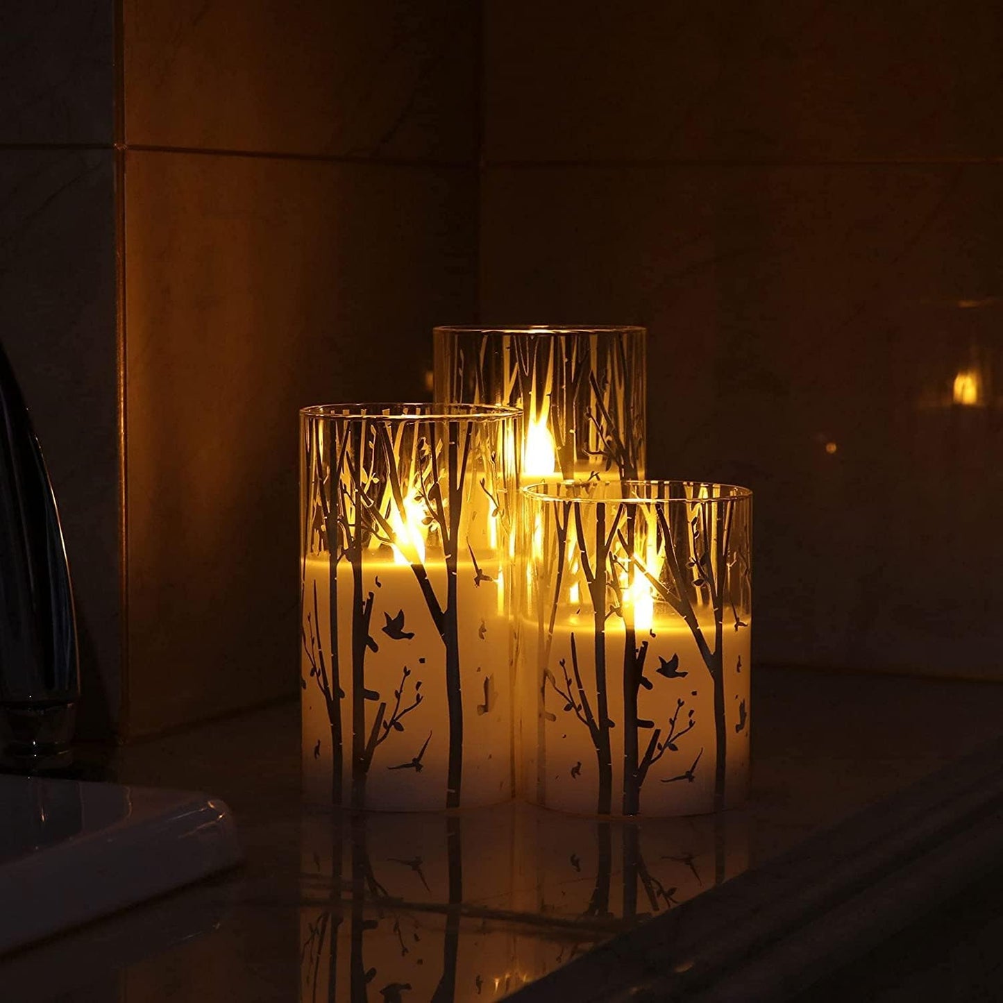 Birch Design Glass Battery Operated LED Candles with Timer, Flameless Pillar Candles Spring & Summer Decor, Batteries Included - Set of 3