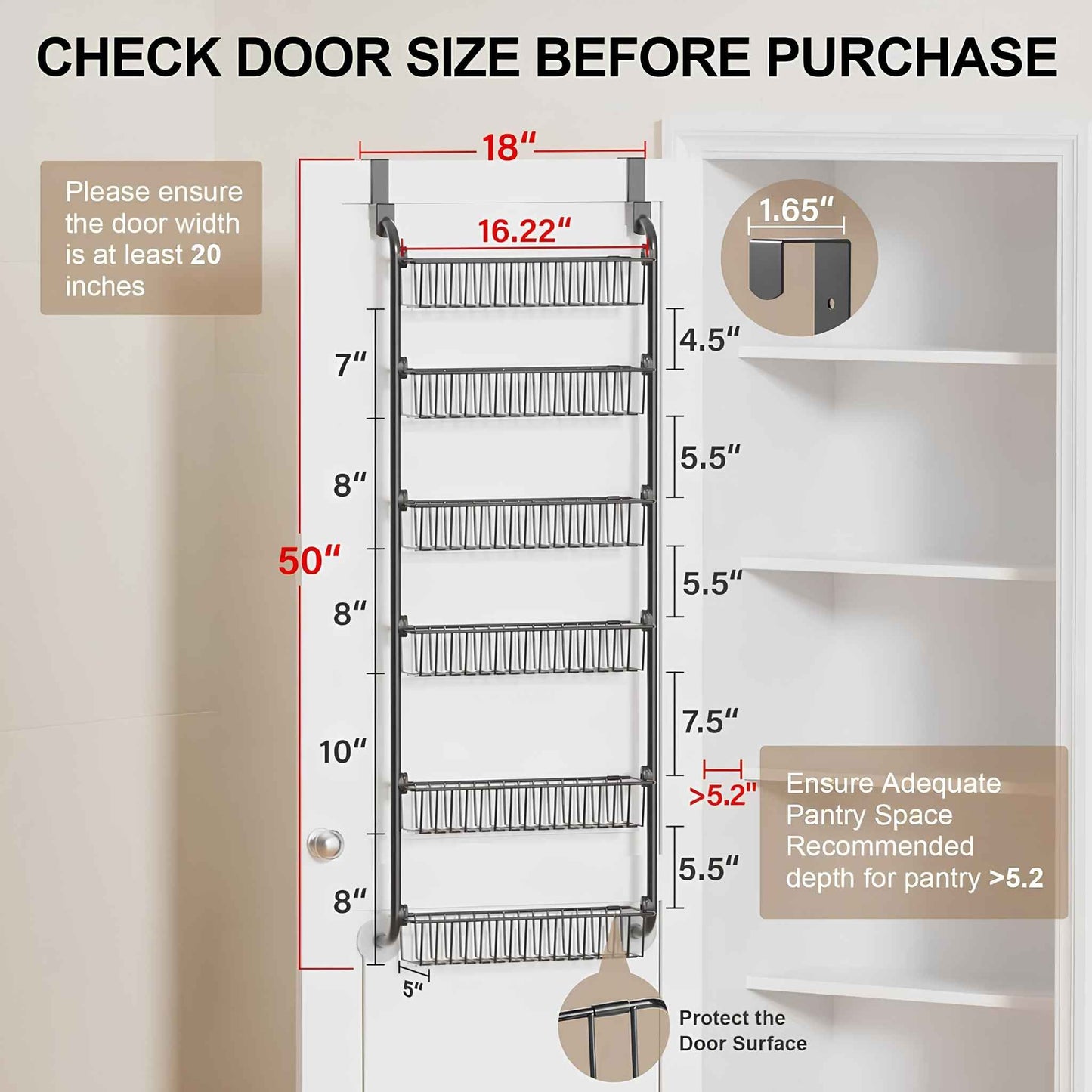 Over the Door Pantry Organizer – 6-Tier Metal Storage Rack with Adjustable Hanging Baskets