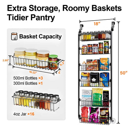 Over the Door Pantry Organizer – 6-Tier Metal Storage Rack with Adjustable Hanging Baskets